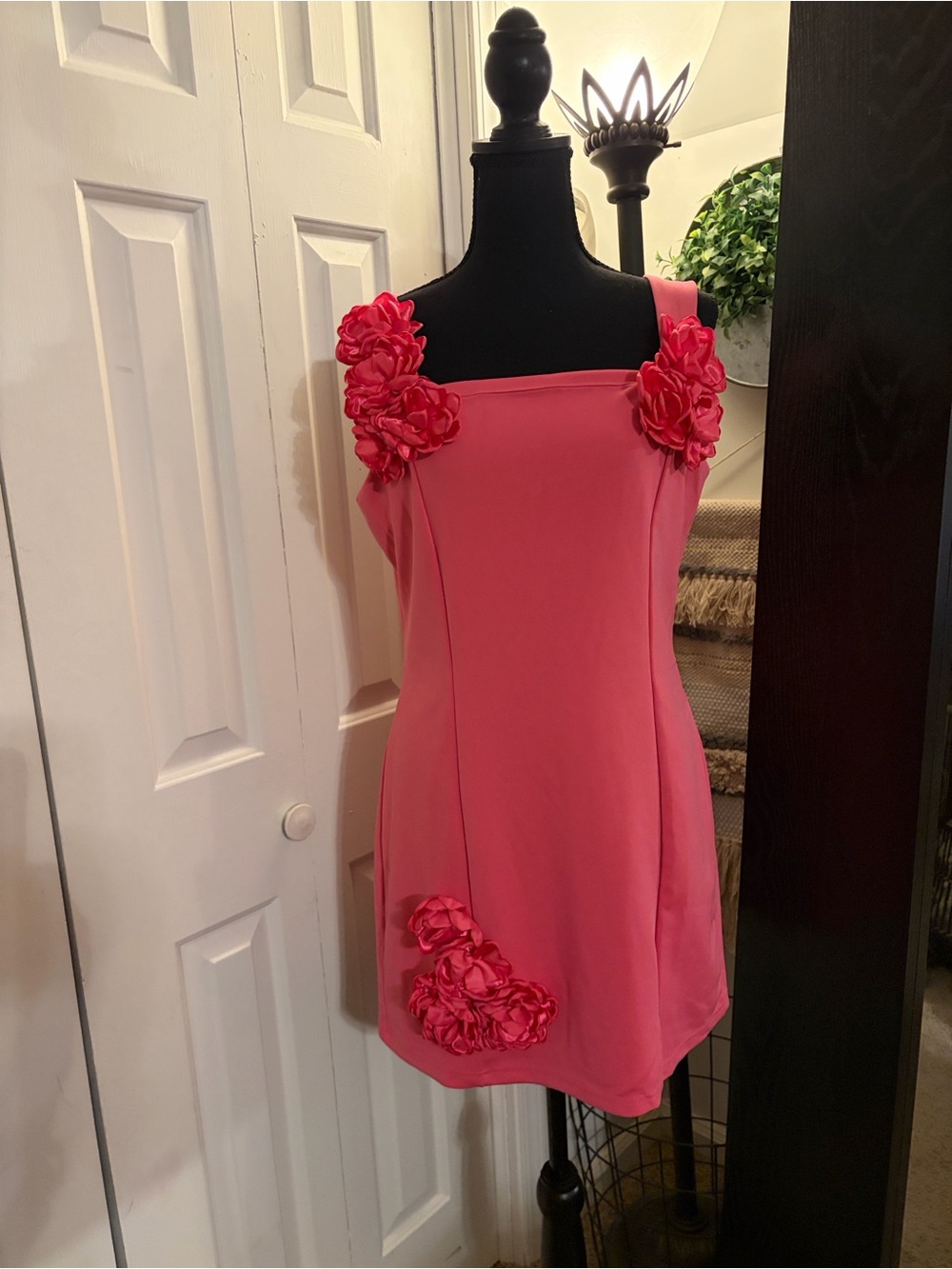 Floral Appliqué Sleeveless Mini Dress in Bright Pink